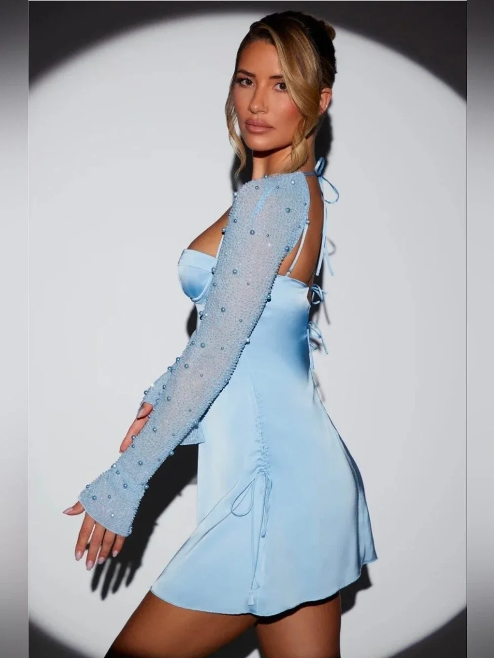 oh polly blue mini dress Embellished Draped Strapless A-Line Mini Dress in Sky Blue - 4